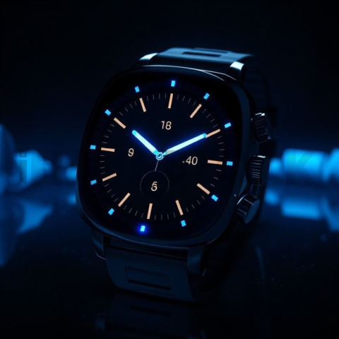 Dark Mode Smartwatch Fitness Ui Blue Electric Glow 2025 – 8K Minimal Black UI Mockup MKT GLS 1245