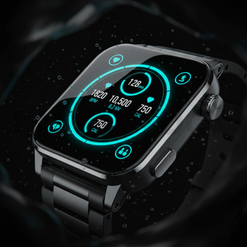 Dark Mode Smartwatch Fitness Ui Cyan Glow 2025 – 8K Minimal Black UI Mockup MKT GLS 1139