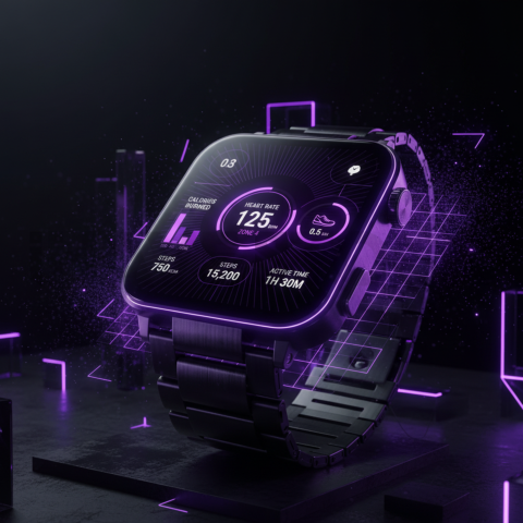 Dark Mode Smartwatch Fitness Ui Purple Glow 2025 – 8K Minimal Black UI Mockup MKT GLS 0207