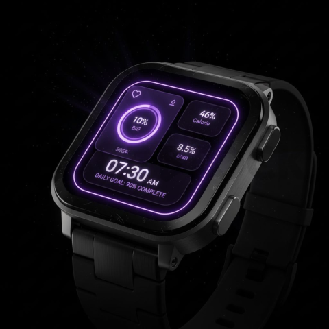 Dark Mode Smartwatch Fitness Ui Purple Glow 2025 – 8K Minimal Black UI Mockup MKT GLS 1032