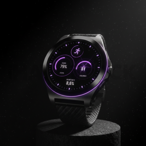 Dark Mode Smartwatch Fitness Ui Purple Glow 2025 – 8K Minimal Black UI Mockup MKT GLS 1317