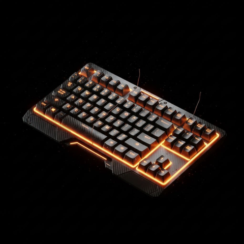 Floating Keyboard Dark Render Amber Glow 2025 – 8K Minimal Black UI Mockup MKT GLS 0105