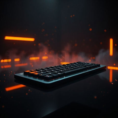 Floating Keyboard Dark Render Amber Glow 2025 – 8K Minimal Black UI Mockup MKT GLS 1270