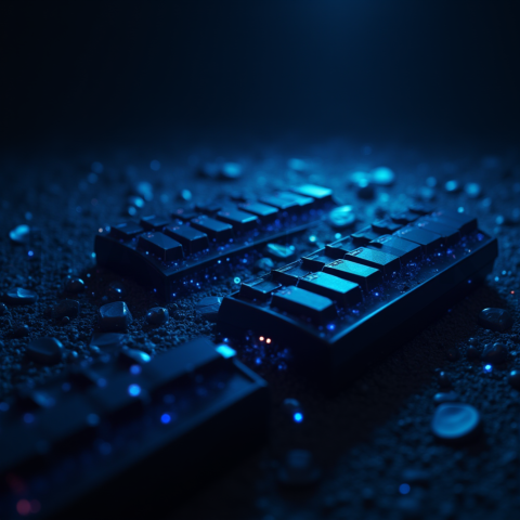 Floating Keyboard Dark Render Blue Electric Glow 2025 – 8K Minimal Black UI Mockup MKT GLS 0174