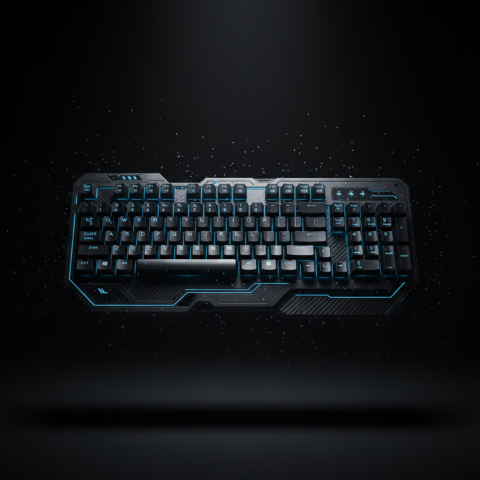 Floating Keyboard Dark Render Blue Electric Glow 2025 – 8K Minimal Black UI Mockup MKT GLS 0221
