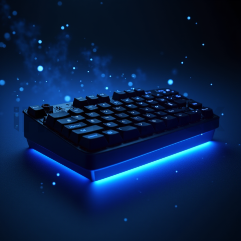 Floating Keyboard Dark Render Blue Electric Glow 2025 – 8K Minimal Black UI Mockup MKT GLS 0303