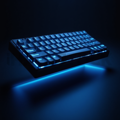Floating Keyboard Dark Render Blue Electric Glow 2025 – 8K Minimal Black UI Mockup MKT GLS 0291