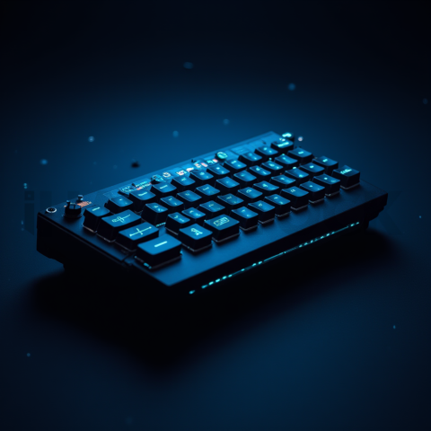 Floating Keyboard Dark Render Blue Electric Glow 2025 – 8K Minimal Black UI Mockup MKT GLS 0708