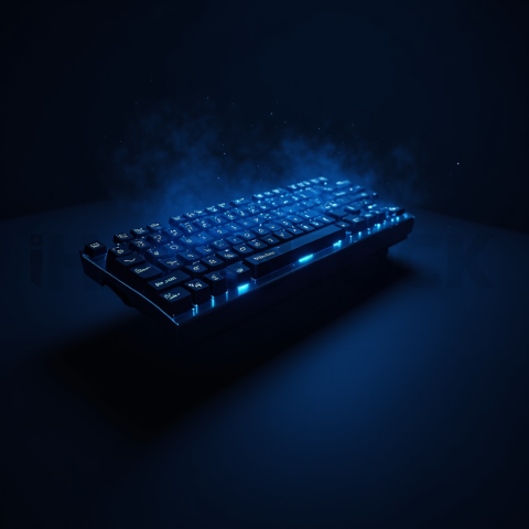 Floating Keyboard Dark Render Blue Electric Glow 2025 – 8K Minimal Black UI Mockup MKT GLS 0742