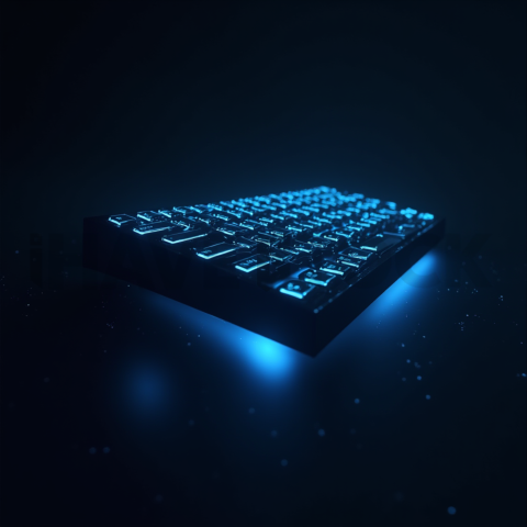 Floating Keyboard Dark Render Blue Electric Glow 2025 – 8K Minimal Black UI Mockup MKT GLS 0787