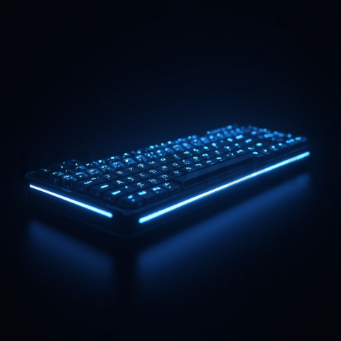 Floating Keyboard Dark Render Blue Electric Glow 2025 – 8K Minimal Black UI Mockup MKT GLS 0799