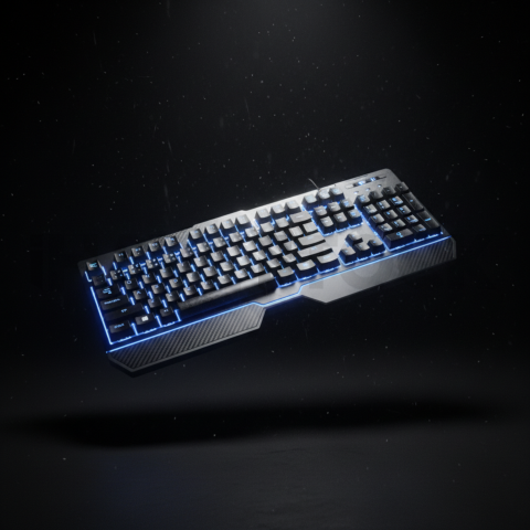 Floating Keyboard Dark Render Blue Electric Glow 2025 – 8K Minimal Black UI Mockup MKT GLS 1062