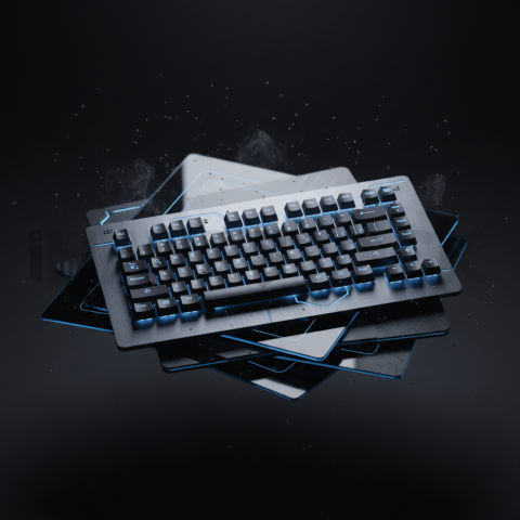 Floating Keyboard Dark Render Blue Electric Glow 2025 – 8K Minimal Black UI Mockup MKT GLS 1046