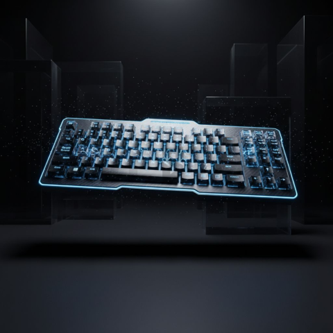 Floating Keyboard Dark Render Blue Electric Glow 2025 – 8K Minimal Black UI Mockup MKT GLS 1064