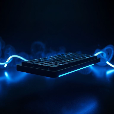 Floating Keyboard Dark Render Blue Electric Glow 2025 – 8K Minimal Black UI Mockup MKT GLS 1167