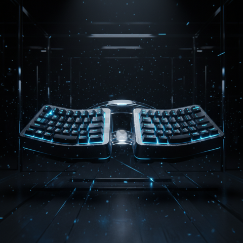 Floating Keyboard Dark Render Blue Electric Glow 2025 – 8K Minimal Black UI Mockup MKT GLS 1340