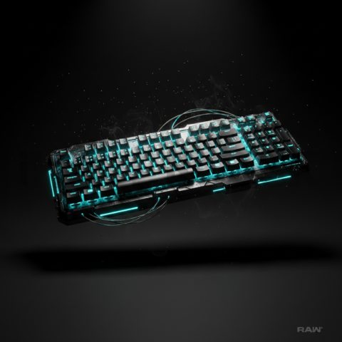 Floating Keyboard Dark Render Cyan Glow 2025 – 8K Minimal Black UI Mockup MKT GLS 0244