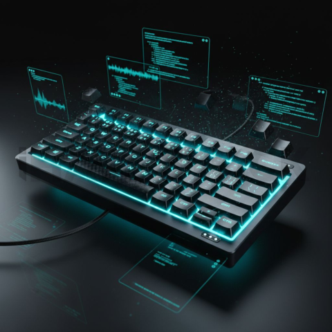 Floating Keyboard Dark Render Cyan Glow 2025 – 8K Minimal Black UI Mockup MKT GLS 0082
