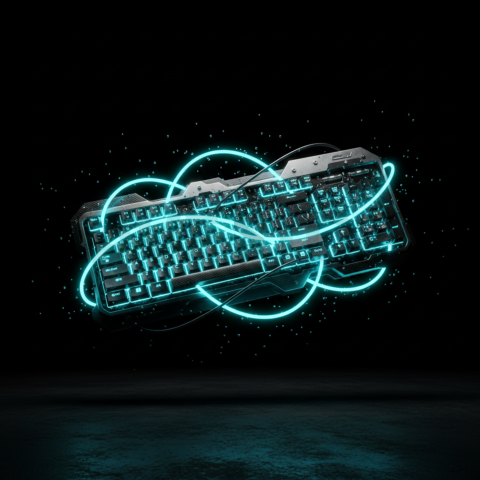 Floating Keyboard Dark Render Cyan Glow 2025 – 8K Minimal Black UI Mockup MKT GLS 0220
