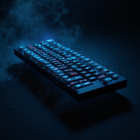 Floating Keyboard Dark Render Cyan Glow 2025 – 8K Minimal Black UI Mockup MKT GLS 0741