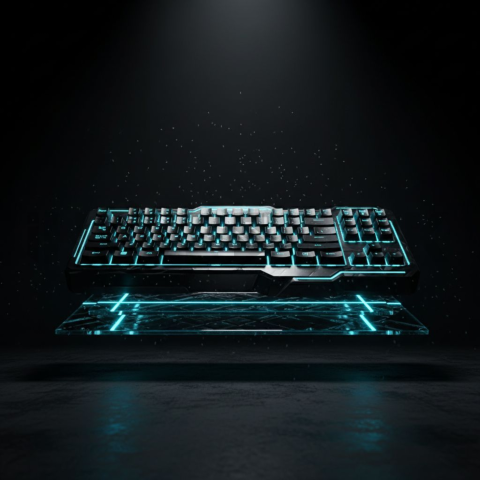 Floating Keyboard Dark Render Cyan Glow 2025 – 8K Minimal Black UI Mockup MKT GLS 0828