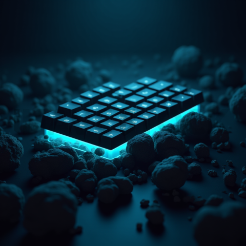 Floating Keyboard Dark Render Cyan Glow 2025 – 8K Minimal Black UI Mockup MKT GLS 0786