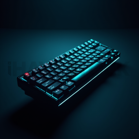 Floating Keyboard Dark Render Cyan Glow 2025 – 8K Minimal Black UI Mockup MKT GLS 0798
