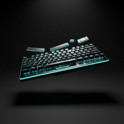 Floating Keyboard Dark Render Cyan Glow 2025 – 8K Minimal Black UI Mockup MKT GLS 0912