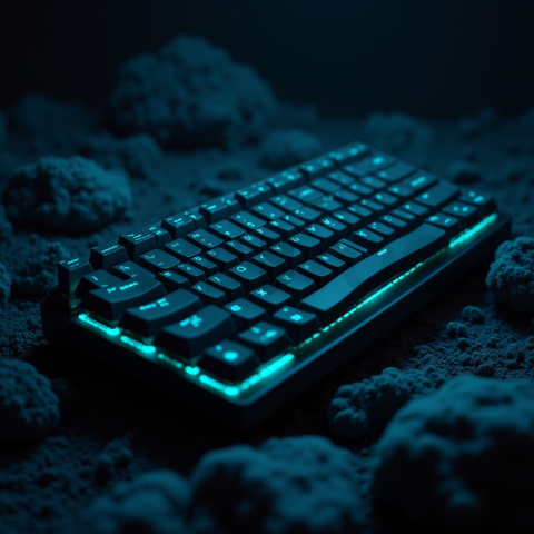 Floating Keyboard Dark Render Cyan Glow 2025 – 8K Minimal Black UI Mockup MKT GLS 0915