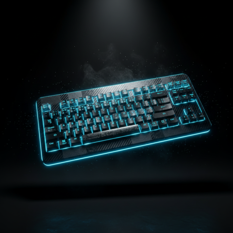 Floating Keyboard Dark Render Cyan Glow 2025 – 8K Minimal Black UI Mockup MKT GLS 1045