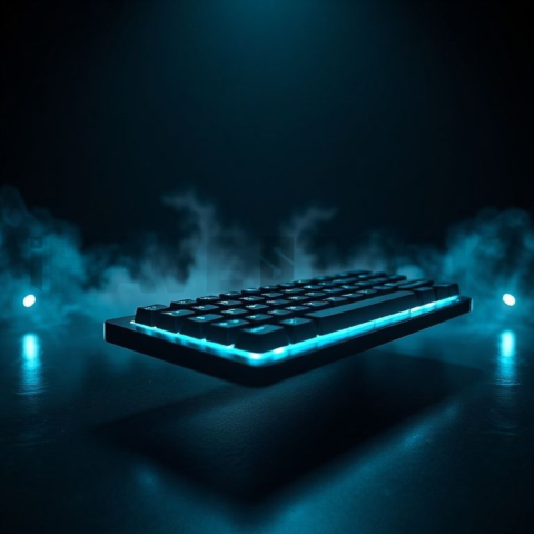Floating Keyboard Dark Render Cyan Glow 2025 – 8K Minimal Black UI Mockup MKT GLS 1213