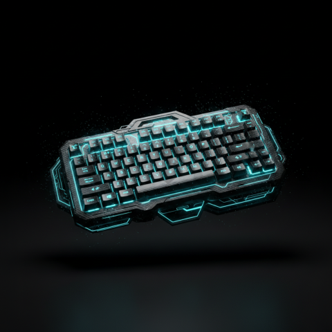 Floating Keyboard Dark Render Cyan Glow 2025 – 8K Minimal Black UI Mockup MKT GLS 1063