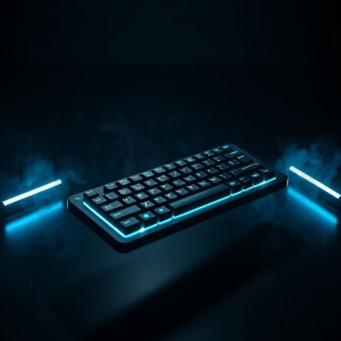 Floating Keyboard Dark Render Cyan Glow 2025 – 8K Minimal Black UI Mockup MKT GLS 1236
