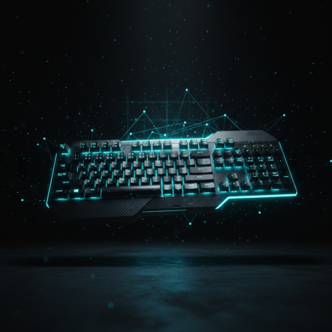 Floating Keyboard Dark Render Cyan Glow 2025 – 8K Minimal Black UI Mockup MKT GLS 1131