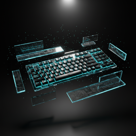 Floating Keyboard Dark Render Cyan Glow 2025 – 8K Minimal Black UI Mockup MKT GLS 1337