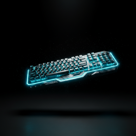 Floating Keyboard Dark Render Cyan Glow 2025 – 8K Minimal Black UI Mockup MKT GLS 1339