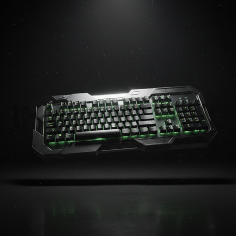 Floating Keyboard Dark Render Green Neon Glow 2025 – 8K Minimal Black UI Mockup MKT GLS 0176