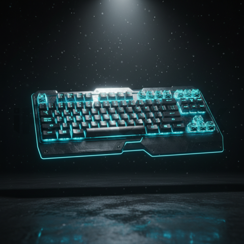 Floating Keyboard Dark Render Cyan Glow 2025 – 8K Minimal Black UI Mockup MKT GLS 1338