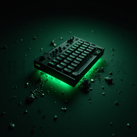 Floating Keyboard Dark Render Green Neon Glow 2025 – 8K Minimal Black UI Mockup MKT GLS 0295