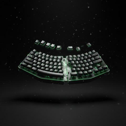 Floating Keyboard Dark Render Green Neon Glow 2025 – 8K Minimal Black UI Mockup MKT GLS 0847