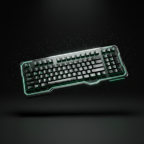 Floating Keyboard Dark Render Green Neon Glow 2025 – 8K Minimal Black UI Mockup MKT GLS 0851