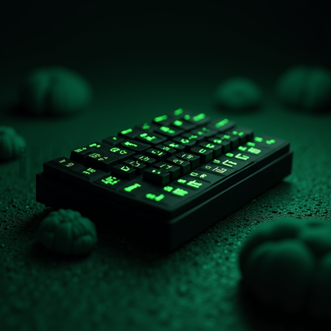 Floating Keyboard Dark Render Green Neon Glow 2025 – 8K Minimal Black UI Mockup MKT GLS 0909