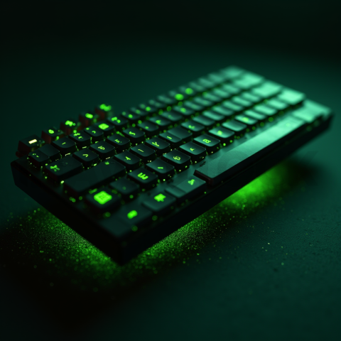 Floating Keyboard Dark Render Green Neon Glow 2025 – 8K Minimal Black UI Mockup MKT GLS 0970