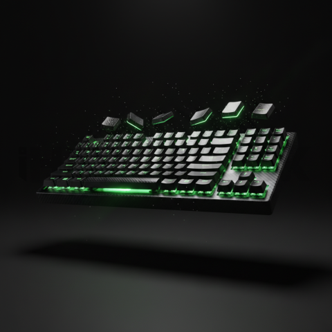 Floating Keyboard Dark Render Green Neon Glow 2025 – 8K Minimal Black UI Mockup MKT GLS 1125