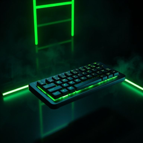 Floating Keyboard Dark Render Green Neon Glow 2025 – 8K Minimal Black UI Mockup MKT GLS 1163