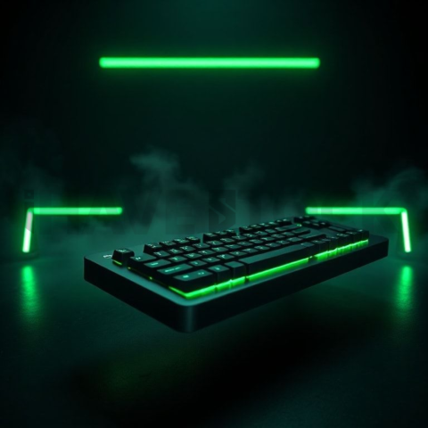Floating Keyboard Dark Render Green Neon Glow 2025 – 8K Minimal Black UI Mockup MKT GLS 1287