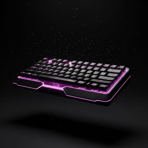Floating Keyboard Dark Render Magenta Glow 2025 – 8K Minimal Black UI Mockup MKT GLS 0095