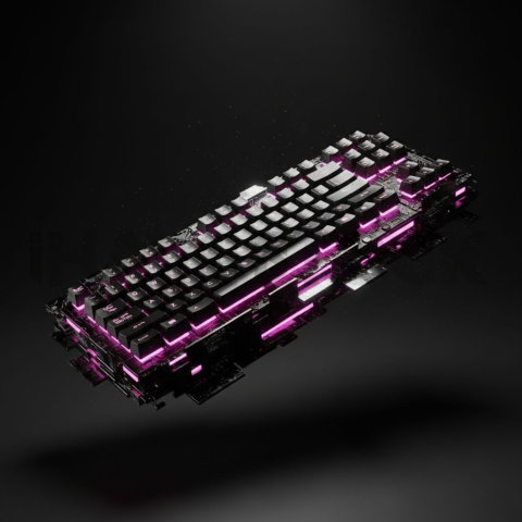 Floating Keyboard Dark Render Magenta Glow 2025 – 8K Minimal Black UI Mockup MKT GLS 0109
