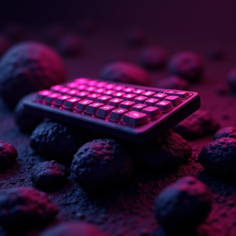 Floating Keyboard Dark Render Magenta Glow 2025 – 8K Minimal Black UI Mockup MKT GLS 0927