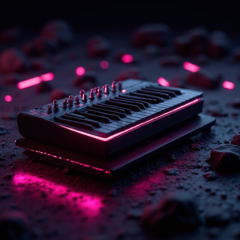 Floating Keyboard Dark Render Magenta Glow 2025 – 8K Minimal Black UI Mockup MKT GLS 0947